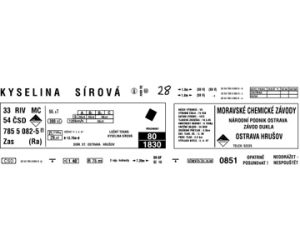 obtisk na 4-osý kotlový vůz Zas/Ra MORAVSKÉ CHEMICKÉ ZÁVODY (80. léta) Obtisky Jiran n0411