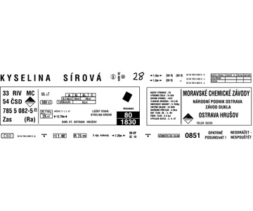obtisk na 4-osý kotlový vůz Zas/Ra MORAVSKÉ CHEMICKÉ ZÁVODY (80. léta) Obtisky Jiran n0411