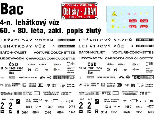 obtisk na 4-osý lehátkový vůz Bac 60. - 80. léta Obtisky Jiran t0229